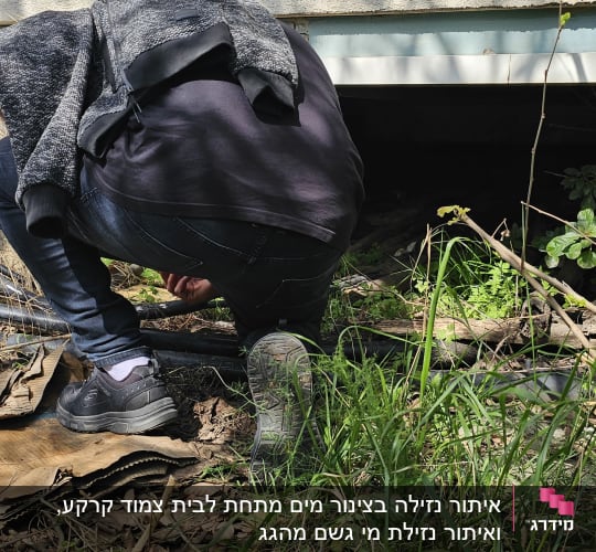 אדם בודק צינורות ליד מבנה, מוקף בצמחייה